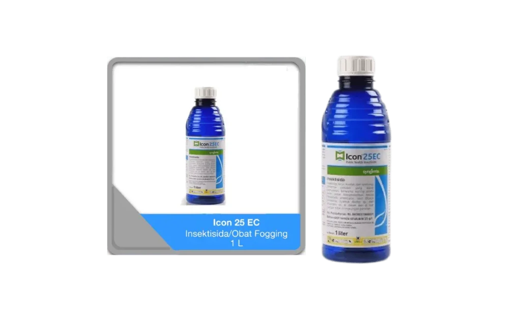 Botol produk obat fogging nyamuk dengan label berwarna biru dan putih